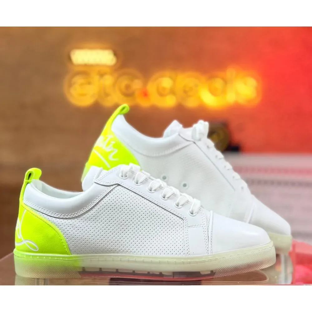Christian Louboutin Men’s Low Top Sneakers White Neon Yellow EU 41 Red Sole
